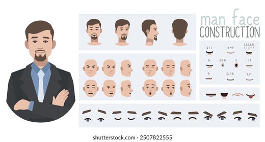 Business office worker man constructor suitable for animation. Generator of diverse eyes, lips, emotion expressions mouth animation and lip sync. Young man character face and upper body construction.