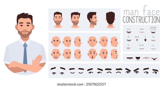 Business office worker man constructor suitable for animation. Generator of diverse eyes, lips, emotion expressions mouth animation and lip sync. Young man character face and upper body construction.