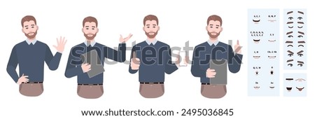 Business office worker man constructor suitable for animation. Generator of diverse eyes, lips, emotion expressions mouth animation and lip sync. Young man character face and upper body construction. 