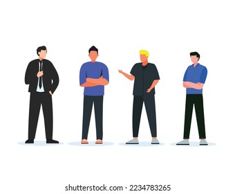 Business office worker people vector illustration set. Cartoon happy businessman and businesswoman characters standing, four man pose in white background