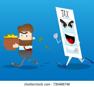 Business office worker running away from tax with a pot of money in his hands. Vector cartoon illustration.