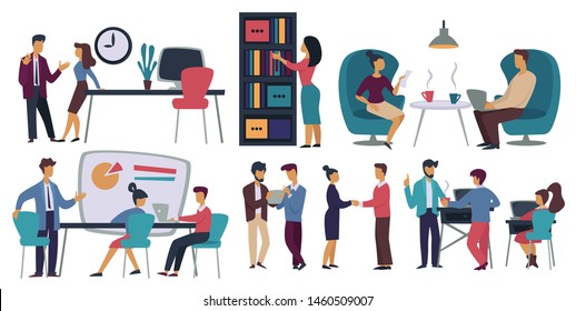 Business office workers meeting and coffee break vector graphics and cooperation work order and laptop workplace and book shelf cafeteria, men and women document and presentation table and armchairs