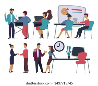 Business office workers meeting and conference vector graphics and dealing work order and laptop workplace men and women document and presentation table and armchairs teamwork and colleagues.