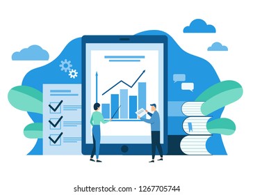 Business, office workers are studying the infographic, the analysis of the evolutionary scale. vector illustration