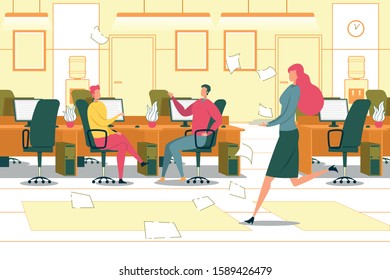 Business Office Working Environment in Deadline and Rush. Company Employees Busy and Stressed at Work in Hurry to Complete Work Tasks and Project, Management Order. Flat Cartoon Vector Illustration.