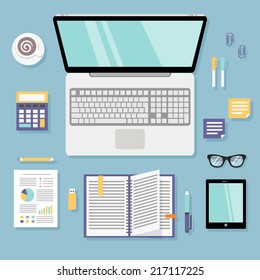 Business office workplace flat set with computer id card notebook isolated vector illustration