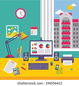 Business Office Workplace with Infographic on Computer Monitor - Vector Illustration in Flat Design Style for presentation, booklet, web site etc.