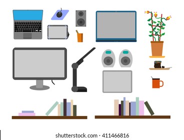 Business and office workplace items. Vector flat illustration of top view object set. Isolated business and office supplies, accessories on white background. Infographic elements for web, presentation