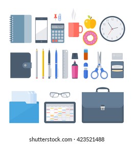 Business, office workplace items. Vector flat illustration of top view objects. Isolated business, office, school workspace accessories on white background. Infographic elements for web, presentation.