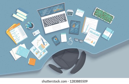 Business office workplace with table, armchair, office supplies, notebook, laptop, documents, calendar, notepad, folder, envelope, books. Charts, graphics on a monitor screen. Vector illustration Top 
