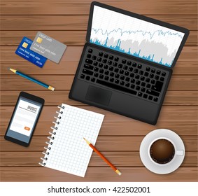 Business office workplace.Top view. Laptop with financial graph on screen,  coffee cup, smartphone, credit cards,notepad,pencils . Wooden background. Vector illustration.