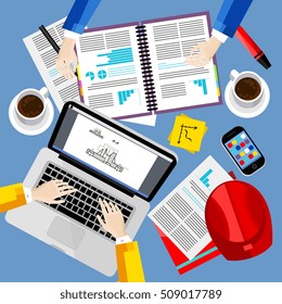 Business office and workspace background, vector illustration. Business workplace with human hands, laptop, paperwork, safety helmet, coffee cup and other objects, top view. Business people concept