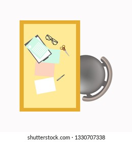 Business office workspace desk with stationery and chair top view vector documents and glasses scissors interior furniture paperblanks and report indoor table and seat management and finance