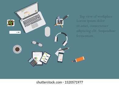 business office and workspace. Top view of desk background