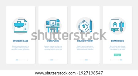 Business office workspace and work time vector illustration. UX, UI onboarding mobile app page screen set with line workspace with briefcase for file documents and computer on desk, clock symbols