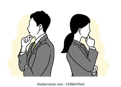 Business officer both sex have opposite thinking hand draw style pictogram vector flatline design illustration.