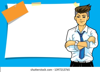 Business or officer Man standing with the paper on board background