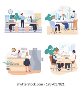 Business offices concept scenes set. Employees work, do work tasks, meeting at conference. Business center reception. Collection of people activities. Vector illustration of characters in flat design