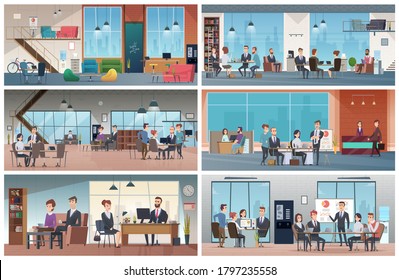 Business offices. Professional business interiors working open space managers talking sitting walking vector backgrounds