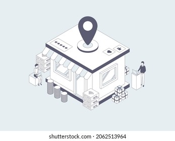Business Offline Store Location Isometric Illustration Lineal Grey. Suitable for Mobile App, Website, Banner, Diagrams, Infographics, and Other Graphic Assets.