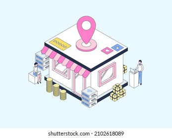 Business Offline Store Location Isometric Illustration Lineal Color. Suitable for Mobile App, Website, Banner, Diagrams, Infographics, and Other Graphic Assets.