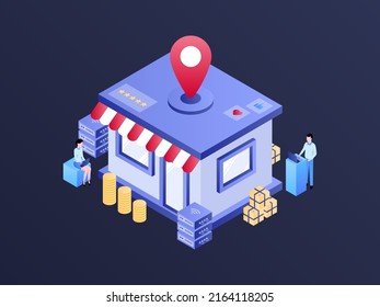 Business Offline Store Location Isometric Illustration Dark Gradient. Suitable for Mobile App, Website, Banner, Diagrams, Infographics, and Other Graphic Assets.