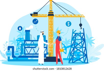 Business oil, vector illustration. Partner people businessman handshake, flat arabic partnership. Cartoon successful agreement with arab, success work in industry, person at pump building background.