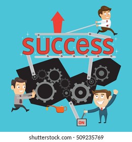 Business oiling cogs pushes metal gears of word success, vector illustration cartoon