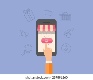  business on line shopping and e-marketing on mobile.shop on line.people hand.