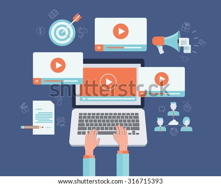 business on line video marketing content  concept.flat vector. background.marketing on line
