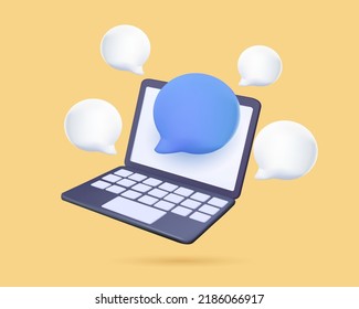 Business online communication. 3D laptop icon render. Speech bubble with notebook. Social media comment, speech icons, chat with emoji smm. 3d speak render vector illustration. Business support online