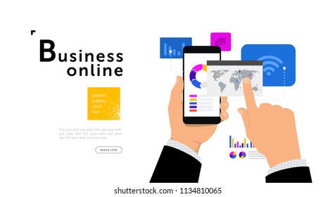 business online concept for design, vector flat illustration with hand, smartphone, graphics, map and chart, modern technology