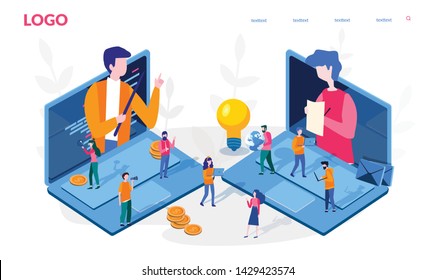 Business online conference and communication meeting, brainstorming. Businessmen online discuss social network, news, chat, dialogue, remote work, vector illustration for banner, web, print.