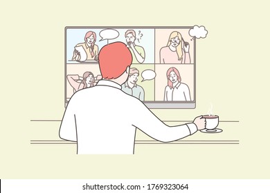 Business, online, conference, meeting, communication concept. Businessman boss manager cartoon character communicating with employess colleagues online. Remote working process during covid19 lockdown.