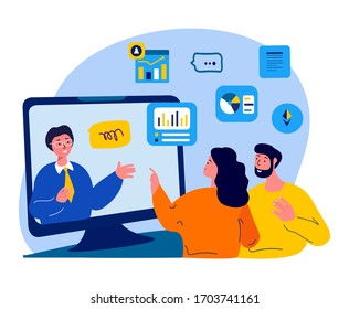 Business Online Conference.Work,Study Virtual Webinar.Stay Home.Students,Man,Woman,Boss. Telework Freelancers.Remote Workplace. Distance Chat Correspondence.Internet, Computer.Flat Vector Illustration