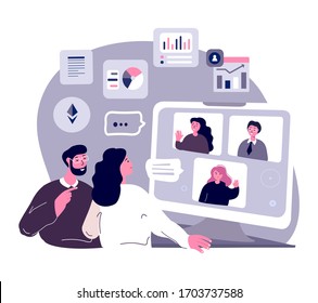 Business Online Conference.Work,Virtual Webinar.Stay Home.Colleagues,Telework Freelancers Connection.Remote Workplace.Distance Chat Correspondence.Internet Discussion,Computer.Flat Vector Illustration