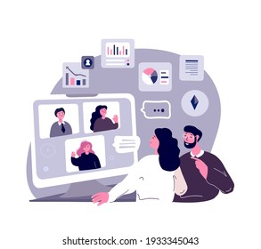 Business Online Conference.Work,Virtual Webinar.Stay Home.Colleagues,Telework Freelancers Connection.Remote Workplace.Distance Chat Correspondence.Internet Discussion,Computer.Flat Vector Illustration