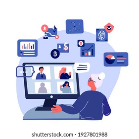 Business Online Conference.Work,Virtual Webinar.Student,Teacher,Coach Telework Freelancer Connection.Remote Workplace.Distance Chat Correspondence. Crypto Internet Discussion. Flat Vector Illustration