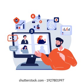 Business Online Conference.Work,Virtual Webinar.Student,Teacher,Coach Telework Freelancer Connection.Remote Workplace.Distance Chat Correspondence. Crypto Internet Discussion. Flat Vector Illustration