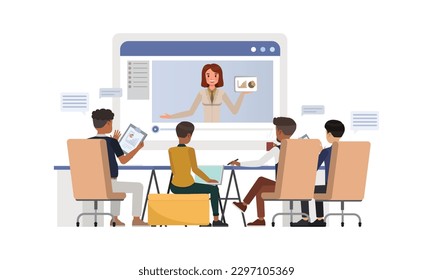 Business online course concept. Office man and woman character vector design. Business people working in office planning, thinking and economic analysis.