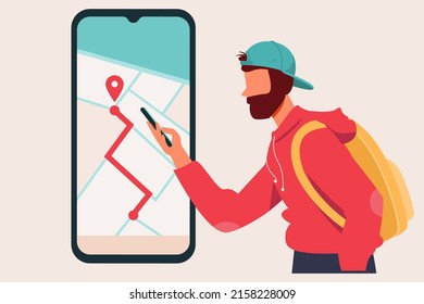 Business Online Delivery Concept with Delivery Man and Mobile Online Map Navigation Application. Location Tracker. Route Navigator. City Map Infographic. And Design for Banner Social Post