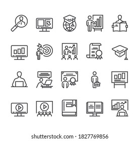 Business online digital training line isolated icon set. Vector flat graphic design