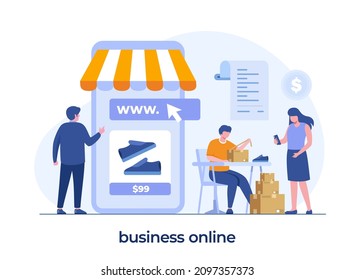 business online, e-commerce concept, businessman, online shop, website, flat illustration vector background