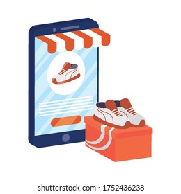 Business Online Ecommerce With Smartphone Buying Tennis Shoes Vector Illustration Design