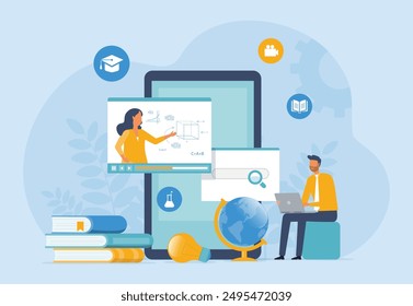 business online education and E-learning at home by webinar training and design for Webinar, online video training, tutorial podcast and business coaching concept. flat vector illustration design