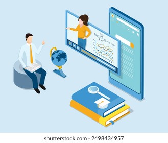 Business online education and Webinar training, online Video Course, business executive coaching, and webinar design for e-learning at home. Isometric vector illustration eps10 