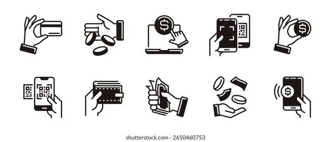 business online money cashless transfer icon line set digital wallet mobile purchase qr code payment business secure pay bill service signs outline vector illustration