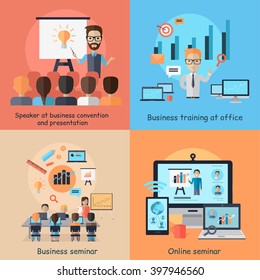 Business online seminar banner concept. Set of banners speaker at business convetion and presentation, business training office and training and web study course tutorial. Vector illustration