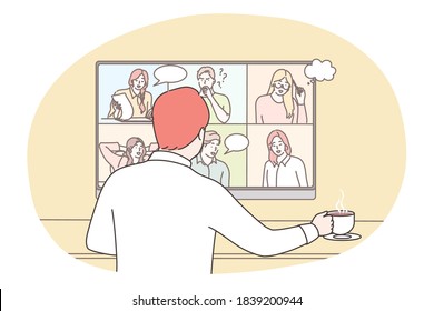 Business, online, seo, conference, meeting, communication concept. Businessman manager clerk communicating with employees colleagues online. Remote working process brainstorming on covid19 quatantine.