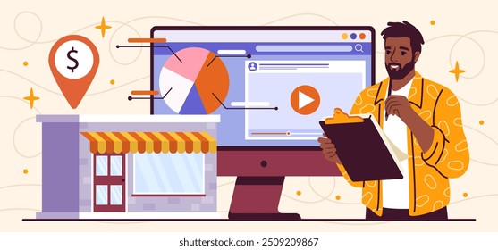 Serviço on-line comercial. Homem com bloco de notas perto do monitor do computador e loja ou edifício da loja. Marketing na Internet. Empreendedor com gráficos e diagramas. Ilustração de vetor plano